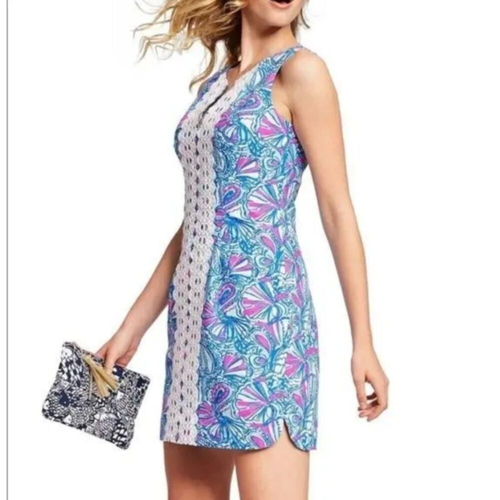 Lilly pulitzer target my fans dress shift sleeveless blue pink trim women's 4